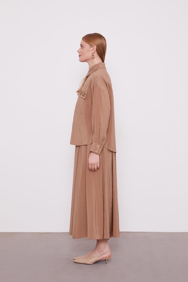 LevidorCamel Cep Boncuk Papatya Detaylı Etek Takım