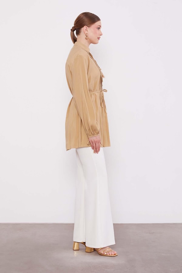 LevidorCamel Düğme Detay Belden Bağlama Gömlek