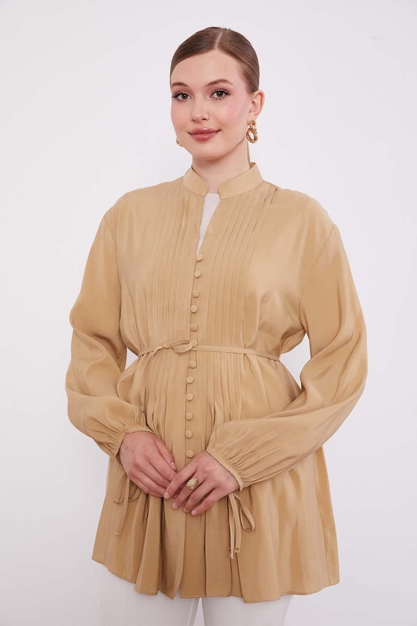 LevidorCamel Düğme Detay Belden Bağlama Gömlek