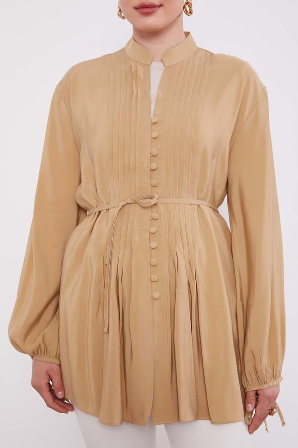 LevidorCamel Düğme Detay Belden Bağlama Gömlek