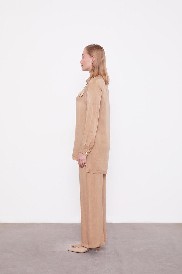 LevidorCamel Fermuar Yaka Düğme Cep Detaylı Tunik Takım