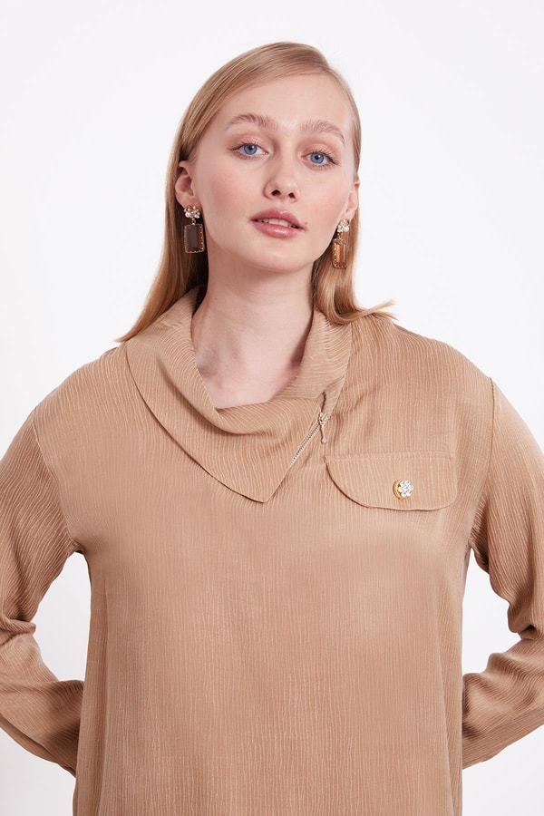 LevidorCamel Fermuar Yaka Düğme Cep Detaylı Tunik Takım