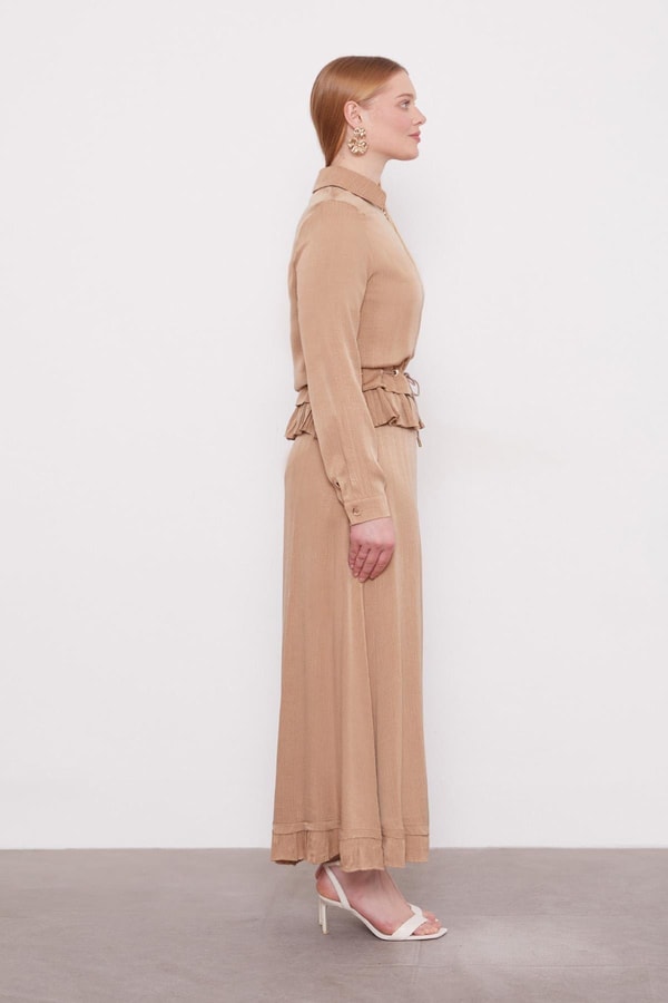 LevidorCamel Fırfır Detaylı Cupra Etek Takım