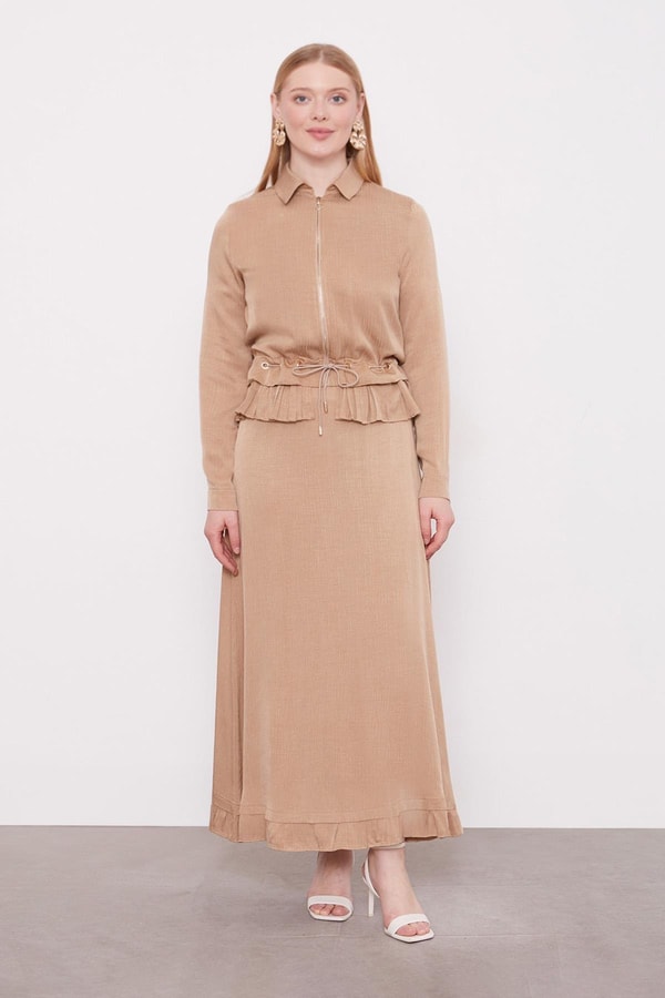 LevidorCamel Fırfır Detaylı Cupra Etek Takım