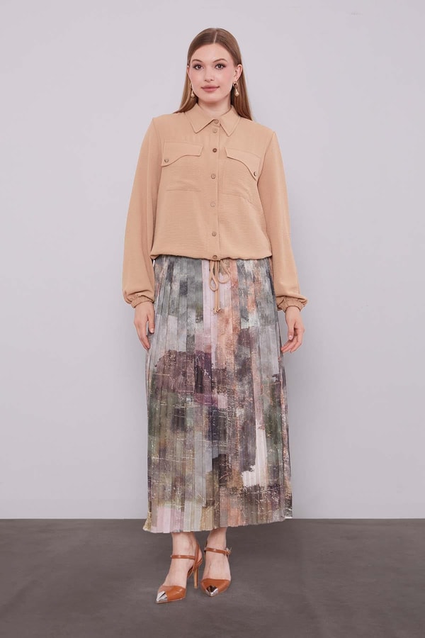 LevidorCAMEL-HAKİ Bel Büzgülü Etek Takım