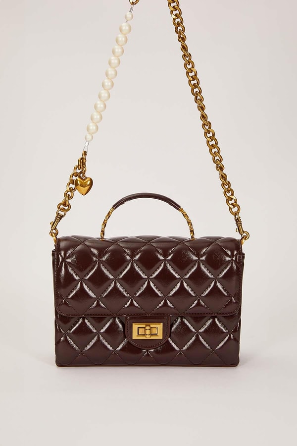 LevidorCamel İnci Ve Kalp Aksesuar Detaylı Omuz Çantası