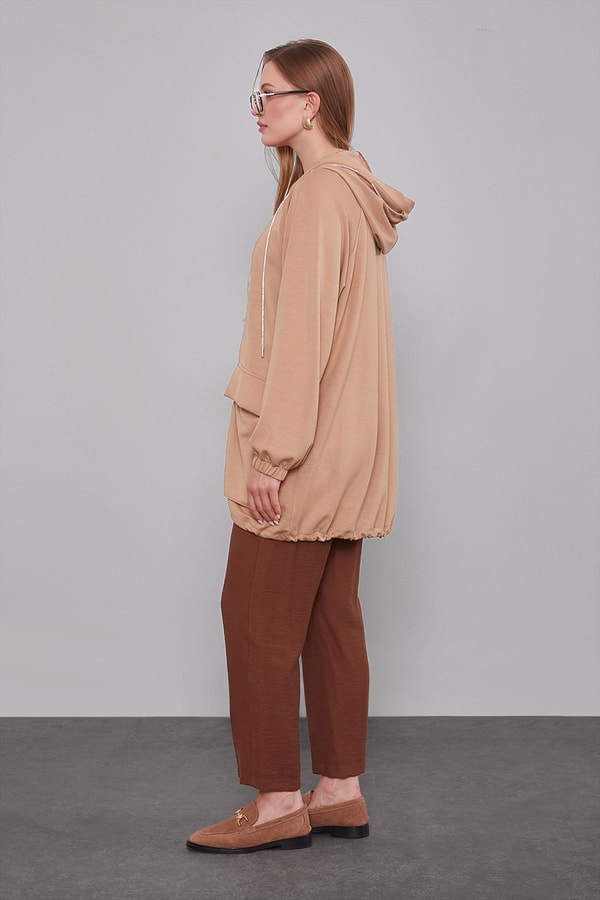 LevidorCamel Kapüşonlu Taşlı İp Detaylı Kap