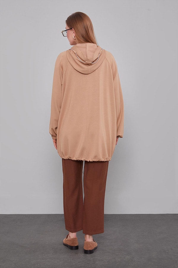 LevidorCamel Kapüşonlu Taşlı İp Detaylı Kap