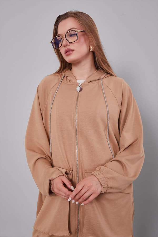 LevidorCamel Kapüşonlu Taşlı İp Detaylı Kap