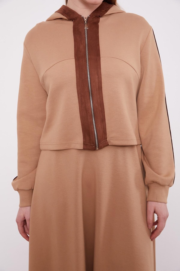 LevidorCamel Kısa Hırkalı Fermuar Kapamalı Etek Takım