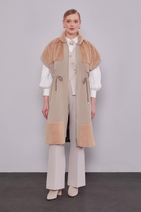 LevidorCamel Kürk Yakalı Yelek