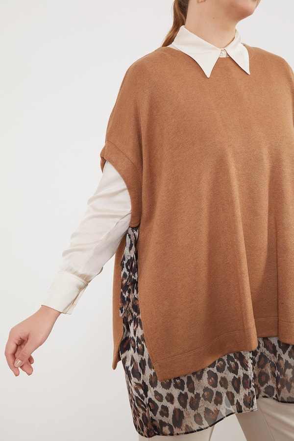 LevidorCamel Leopar Tül Detaylı Tunik
