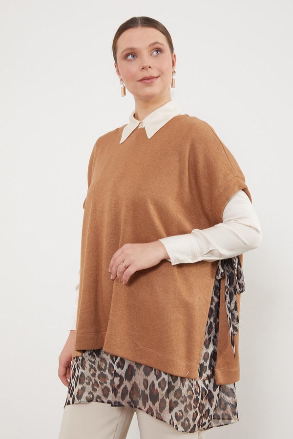 LevidorCamel Leopar Tül Detaylı Tunik