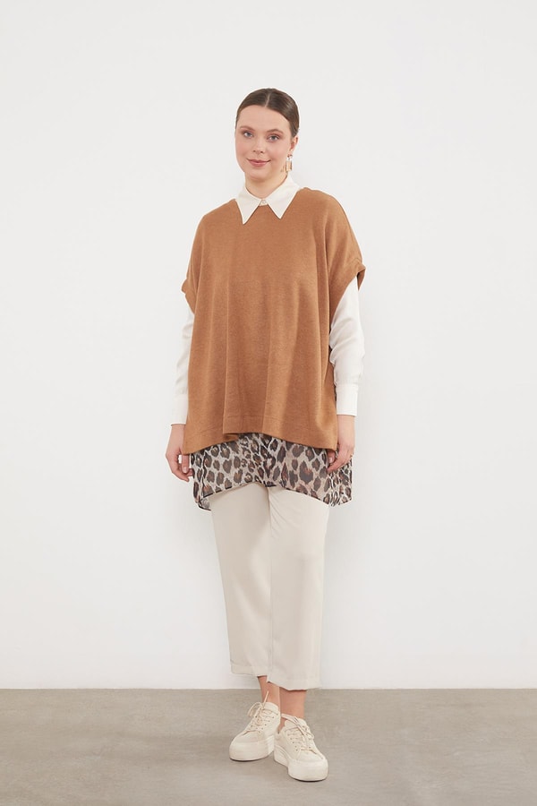 LevidorCamel Leopar Tül Detaylı Tunik