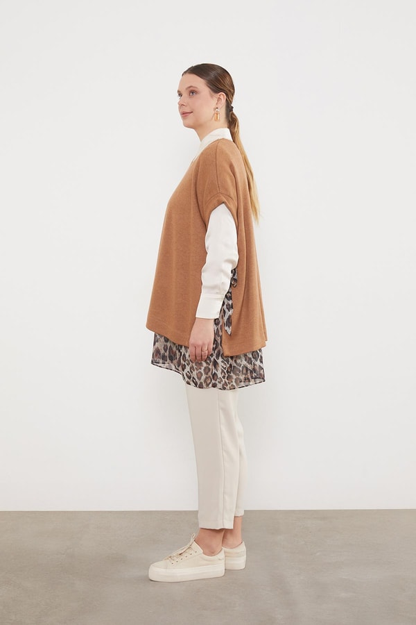 LevidorCamel Leopar Tül Detaylı Tunik
