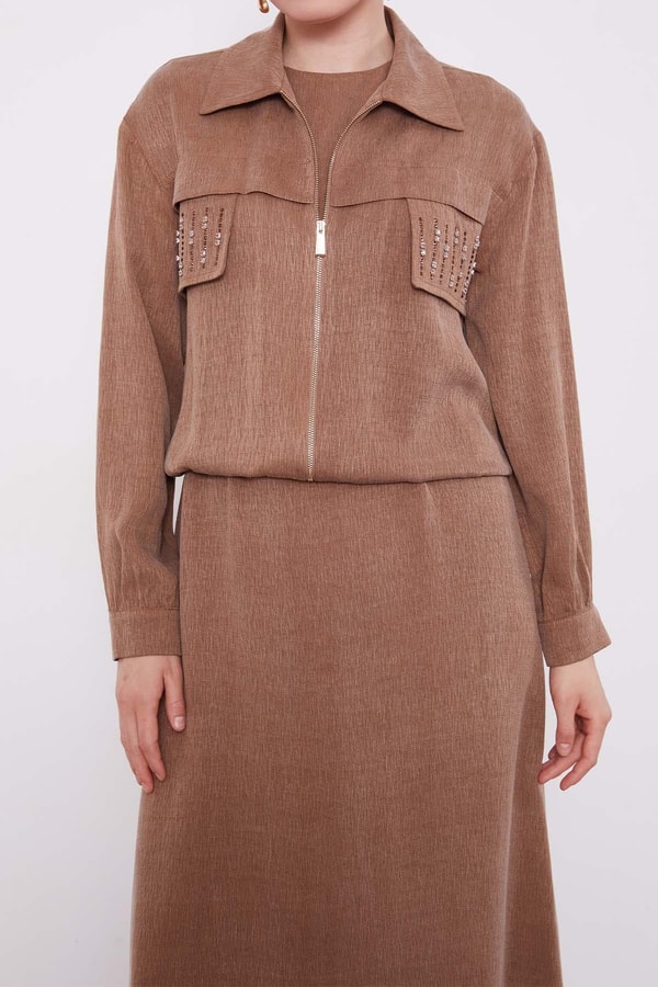 LevidorCamel Taş Detaylı Fermuarlı Ceket Takım