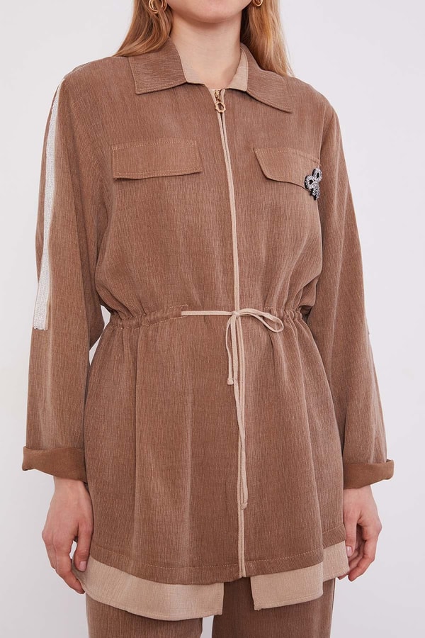 LevidorCamel Taşlı Şerit Detaylı İkili Takım