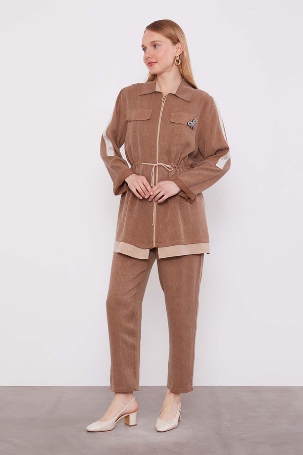 LevidorCamel Taşlı Şerit Detaylı İkili Takım