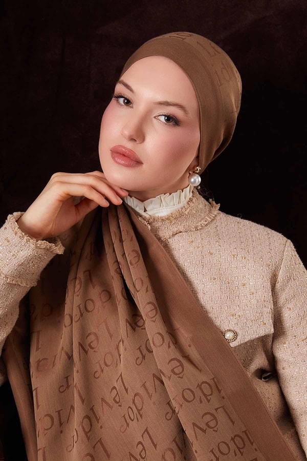 LevidorCamel Yazı Baskılı Naia Jakar Şal