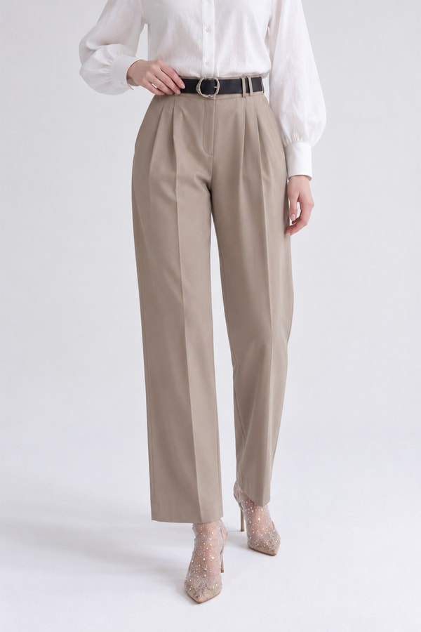 LevidorÇift Pileli Geniş Paça Pantolon Vizon