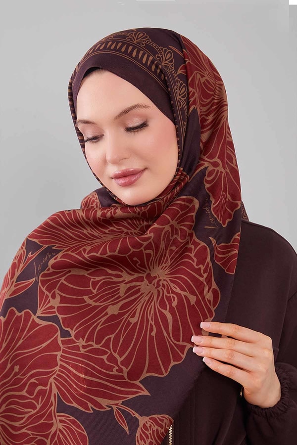 LevidorÇikolata Kahve Çiçek Desenli Yün İpek Şal