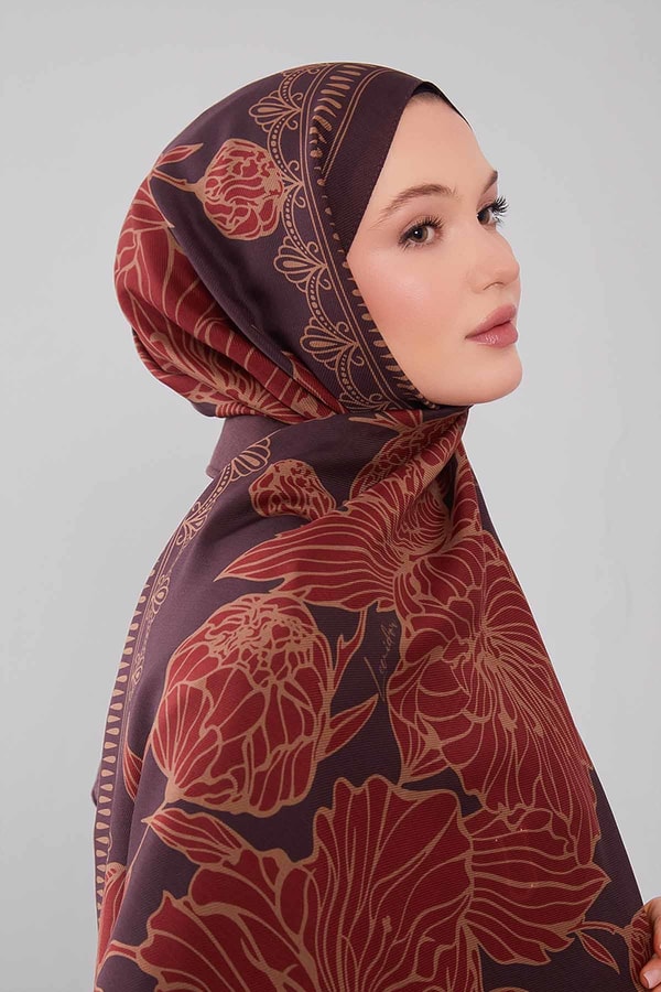 LevidorÇikolata Kahve Çiçek Desenli Yün İpek Şal