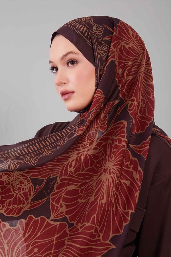 LevidorÇikolata Kahve Çiçek Desenli Yün İpek Şal