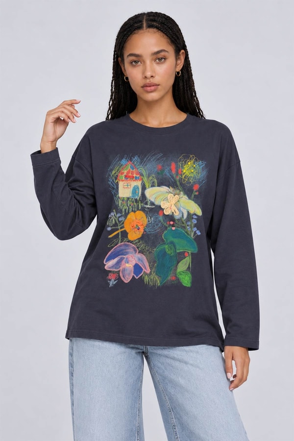 LevidorDesenli Düşük Omuz Sweatshirt İndigo