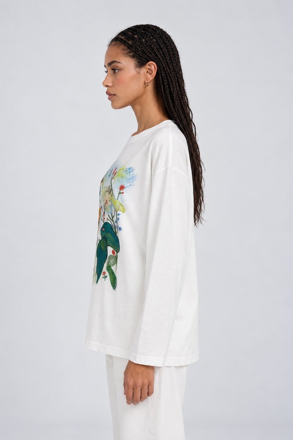 LevidorDesenli Düşük Omuz Sweatshirt Kırık Beyaz