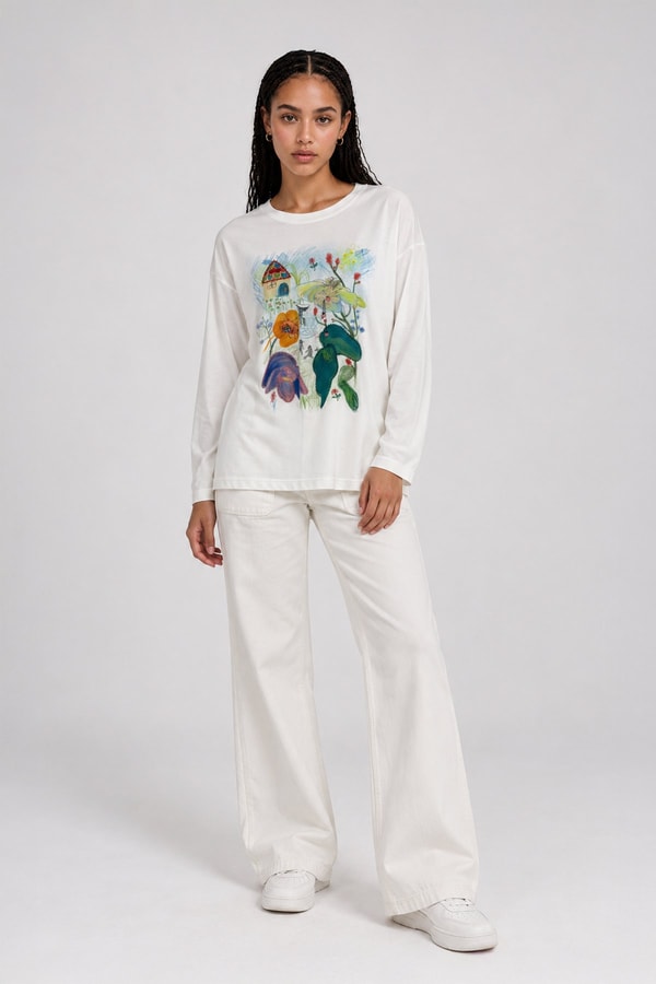 LevidorDesenli Düşük Omuz Sweatshirt Kırık Beyaz