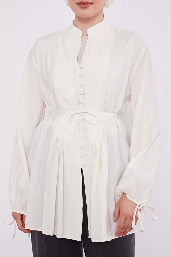 LevidorEkru Düğme Detay Belden Bağlama Gömlek