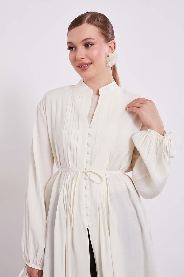 LevidorEkru Düğme Detay Belden Bağlama Gömlek