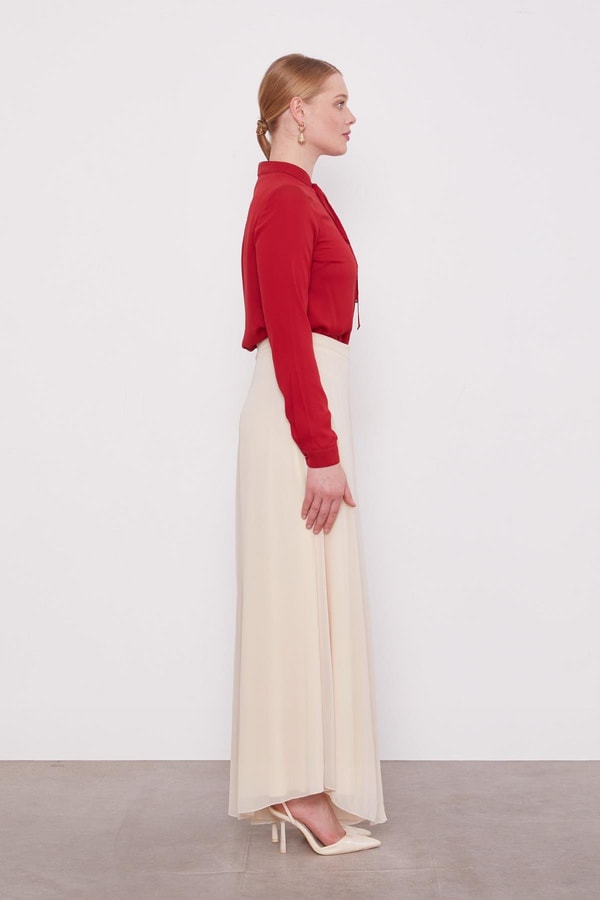 LevidorEkru Geniş Paçalı Şifon Pantolon