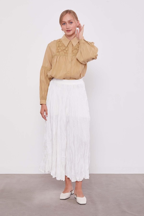 LevidorEkru Kırışık Model Etek