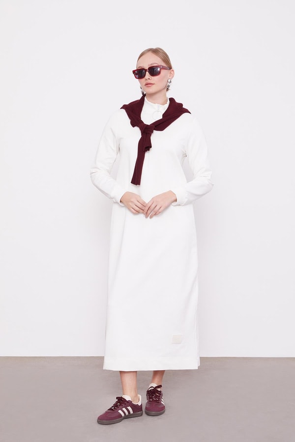 LevidorEkru Kolları Ribanalı Fermuar Kapama Elbise