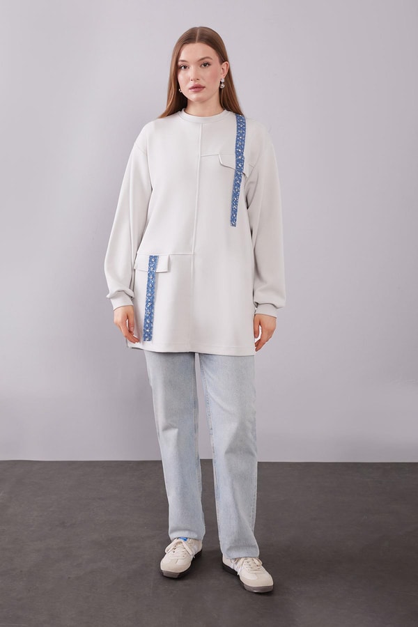 LevidorEkru Kot Şerit Detaylı Sweat