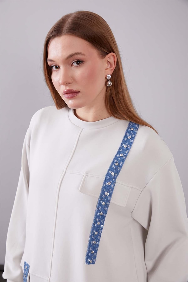 LevidorEkru Kot Şerit Detaylı Sweat