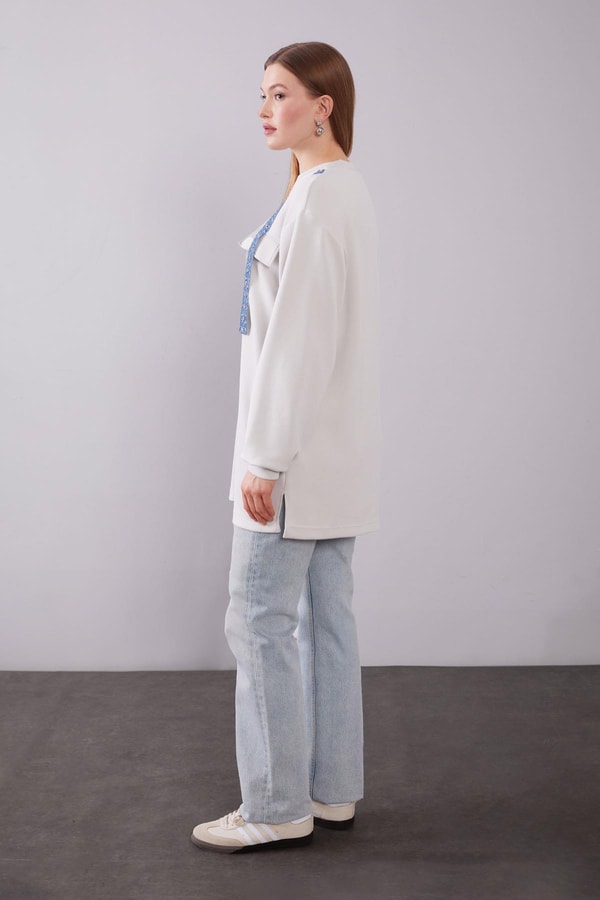 LevidorEkru Kot Şerit Detaylı Sweat