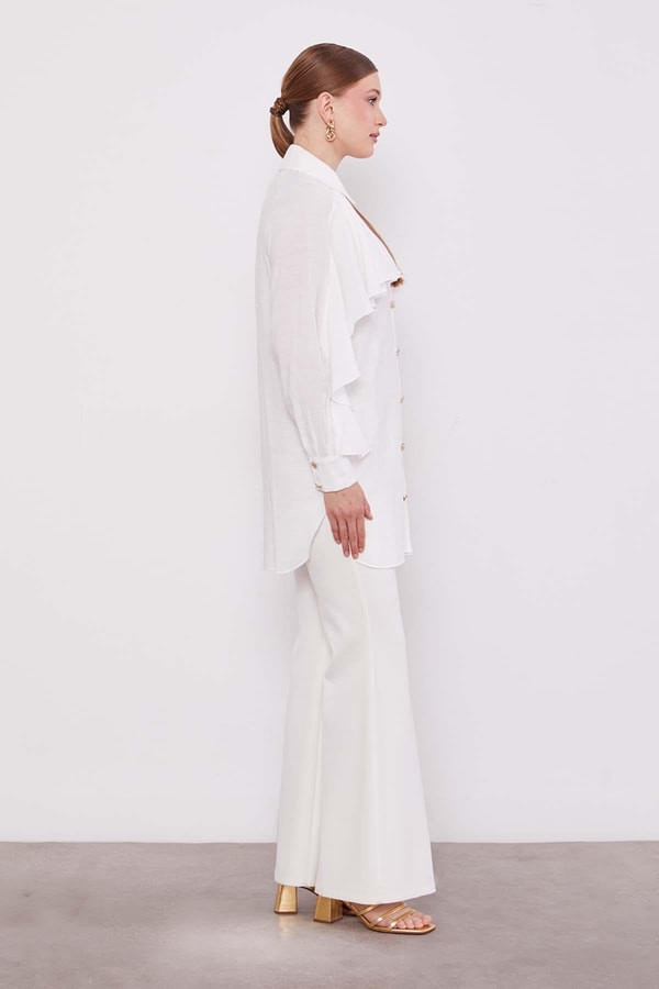 LevidorEkru Volan Detay Düğmeli Gömlek