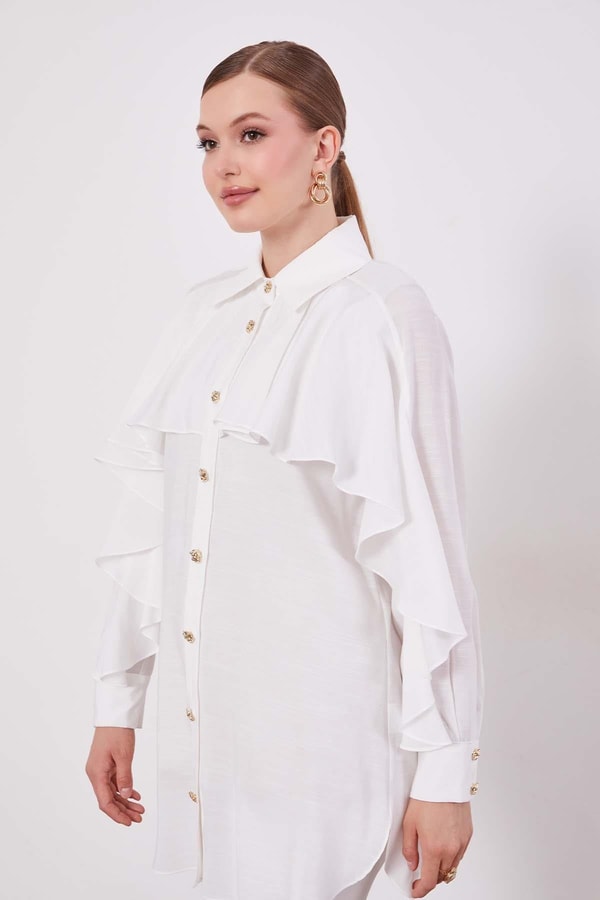 LevidorEkru Volan Detay Düğmeli Gömlek