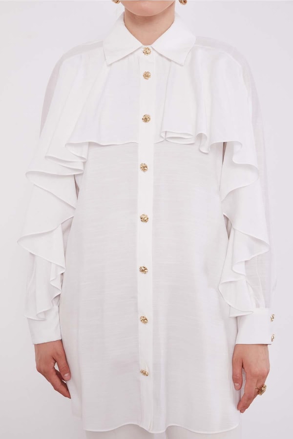 LevidorEkru Volan Detay Düğmeli Gömlek