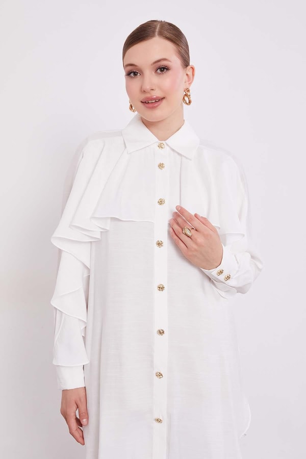 LevidorEkru Volan Detay Düğmeli Gömlek