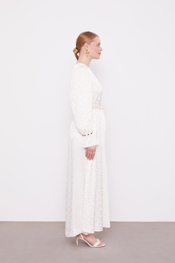 LevidorEkru Yonca Desen Elbise