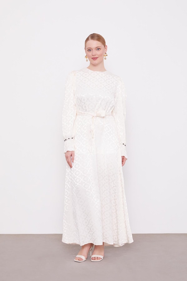 LevidorEkru Yonca Desen Elbise