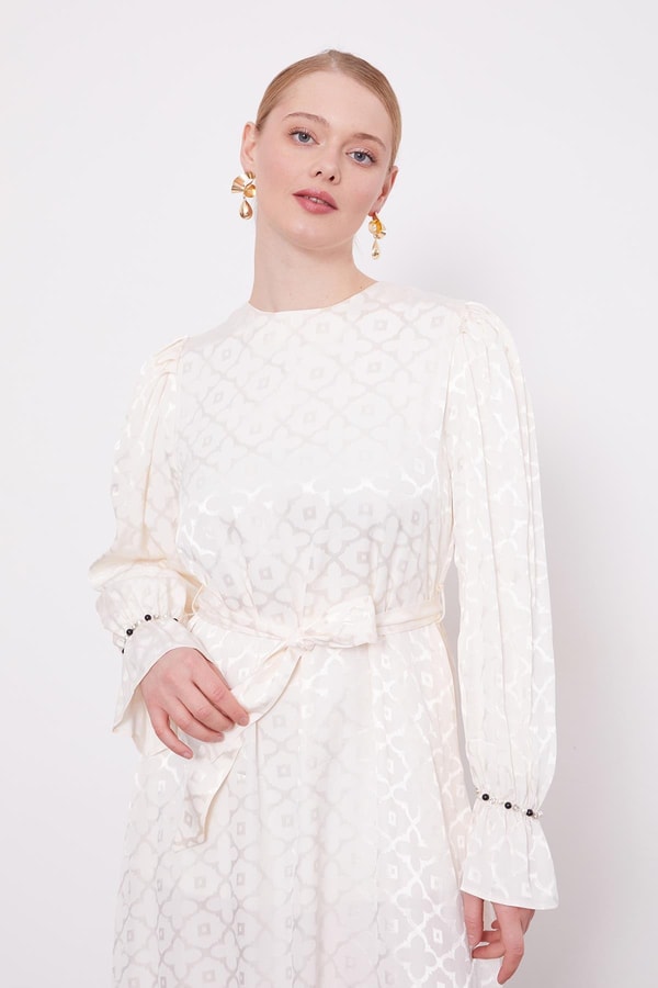 LevidorEkru Yonca Desen Elbise