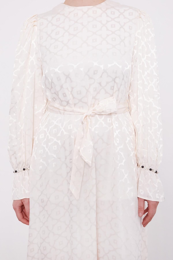 LevidorEkru Yonca Desen Elbise