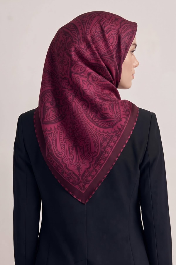 LevidorEtnik Desen Twill İpek Eşarp Bordo