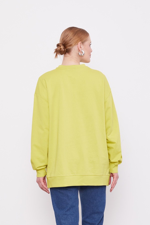 LevidorFıstık Yeşili Bisiklet Yaka Ribanalı Basic Sweat