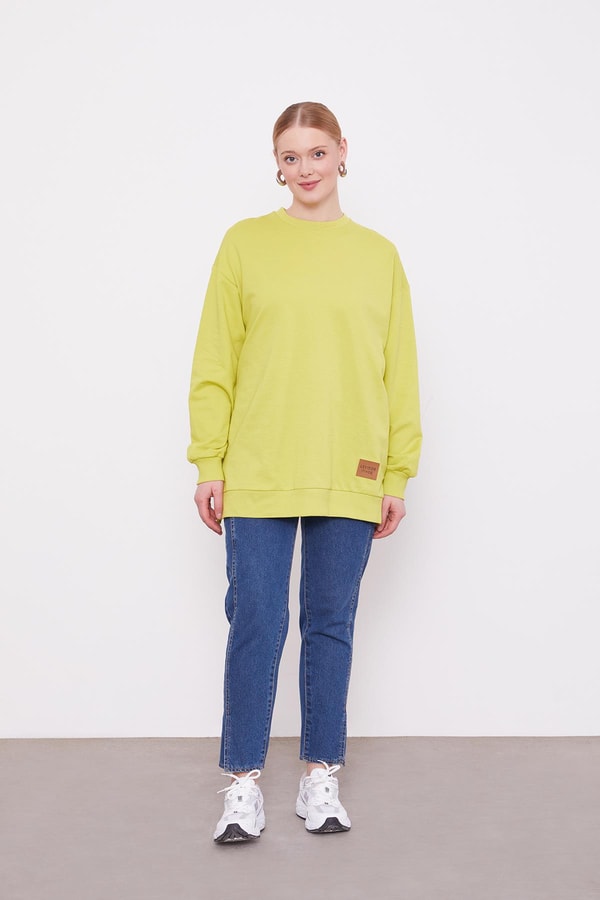 LevidorFıstık Yeşili Bisiklet Yaka Ribanalı Basic Sweat