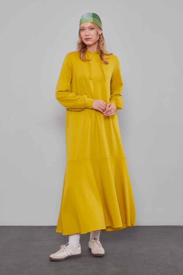 LevidorFıstık Yeşili Kapuşonlu Gizli Cep Detaylı Elbise